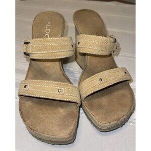 Aldo Women's Sandals Size 7.5 Suede Beige Straps Wedge Heel